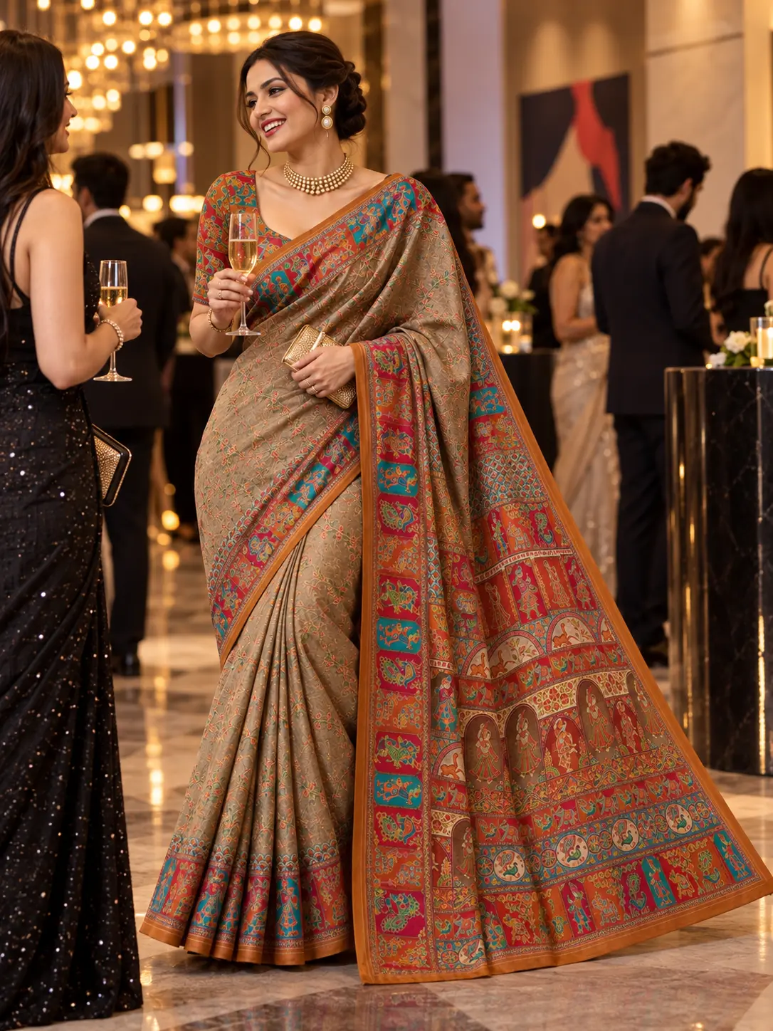 Earthy Beige Narrative Print Silk Blend Saree|Kancholika - Image 2