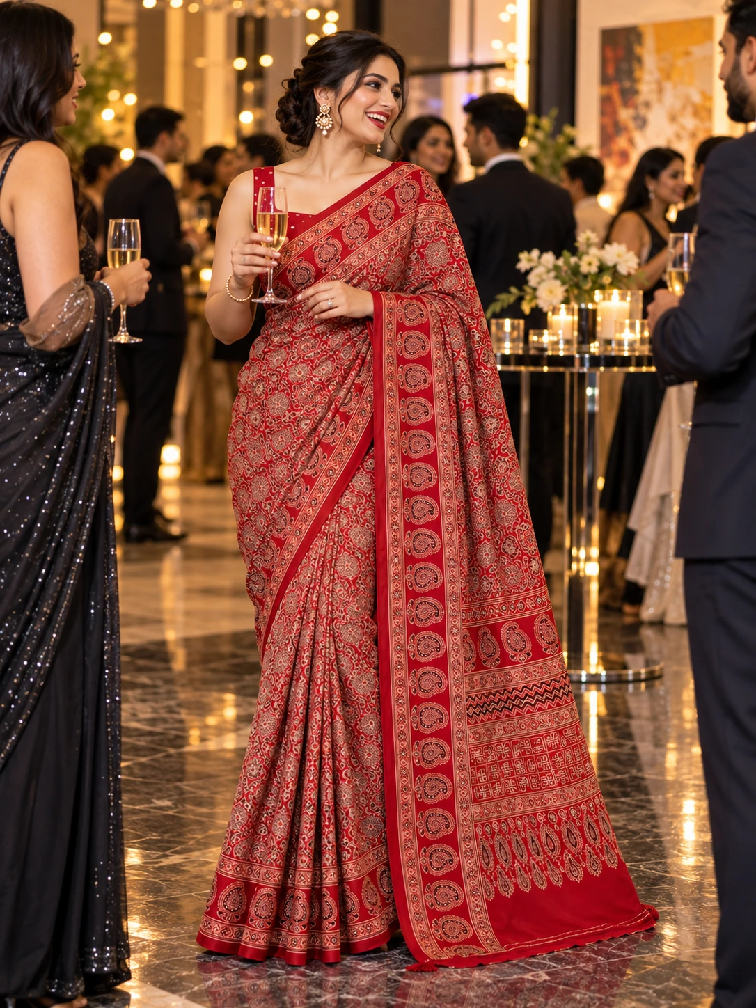 Crimson Red Modal Silk Paisley Print Saree | Kancholika - Image 6