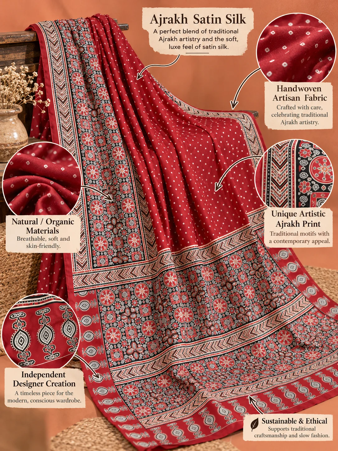 Deep Red Ajrakh Satin Silk Bandhani Saree | Kancholika - Image 5