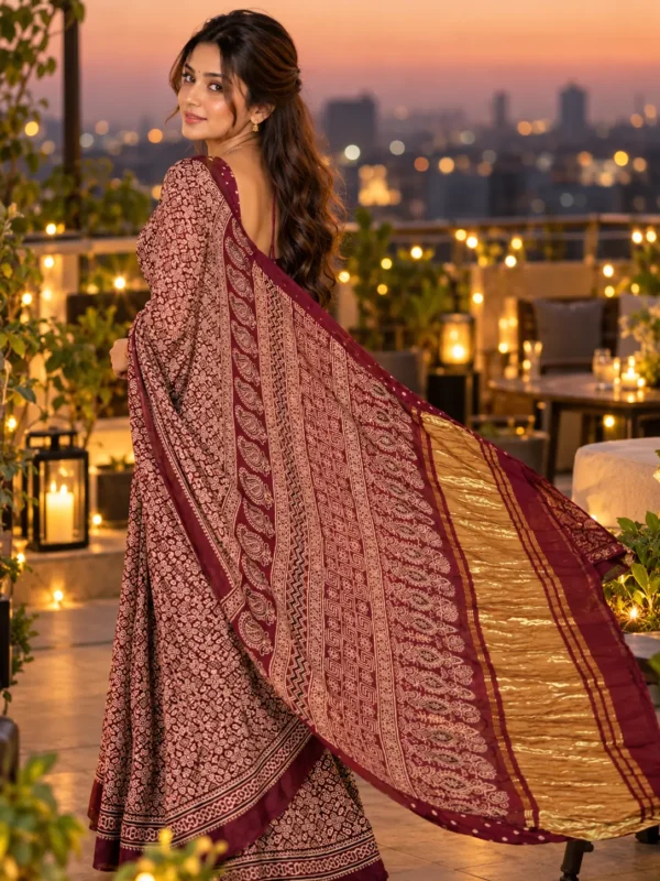 Deep Maroon Modal Silk Ajrakh Saree with Lagda PattI | Kancholika