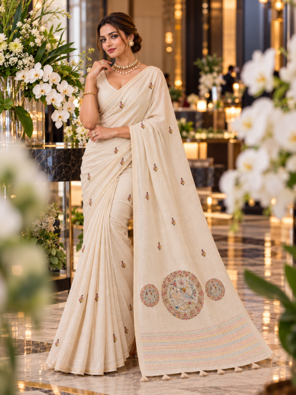 Ivory Kantha Embroidered Silk Blend Saree | Kancholika