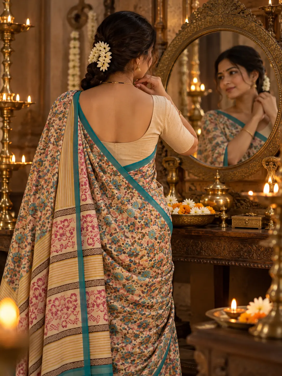 Ivory & Teal Floral Handloom Khadi Tussar Saree|Kancholika - Image 3