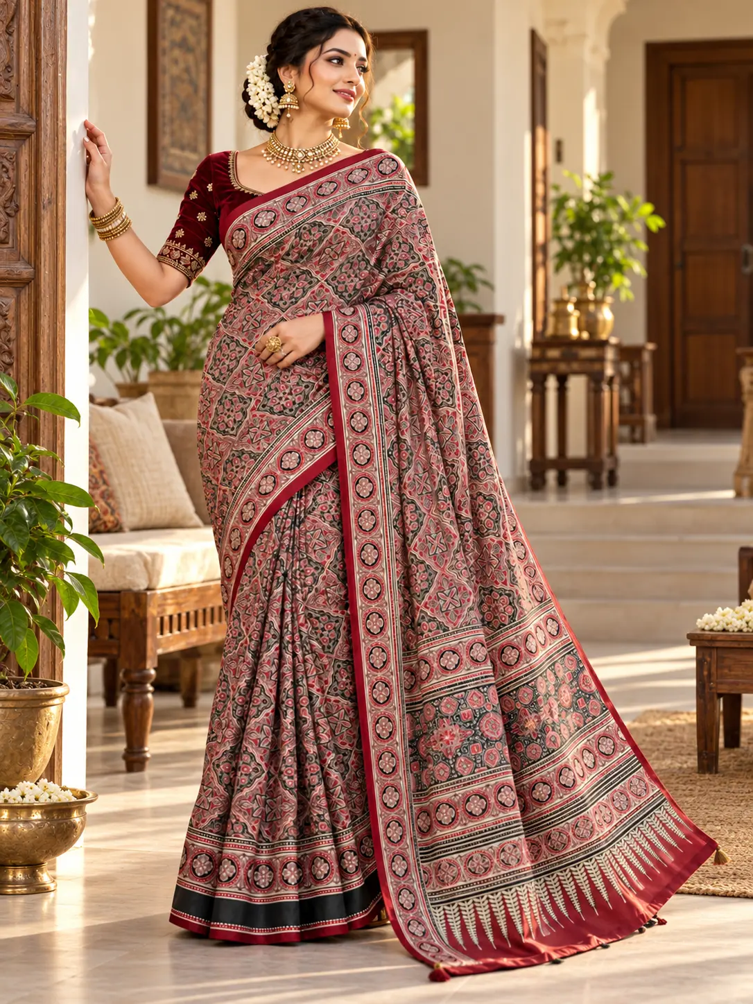 Kancholika maroon Ajrakh satin silk saree featuring authentic hand block prints, natural indigo and madder dyes, artisan-crafted Kutch motifs, and tassel pallu details with feature callouts.