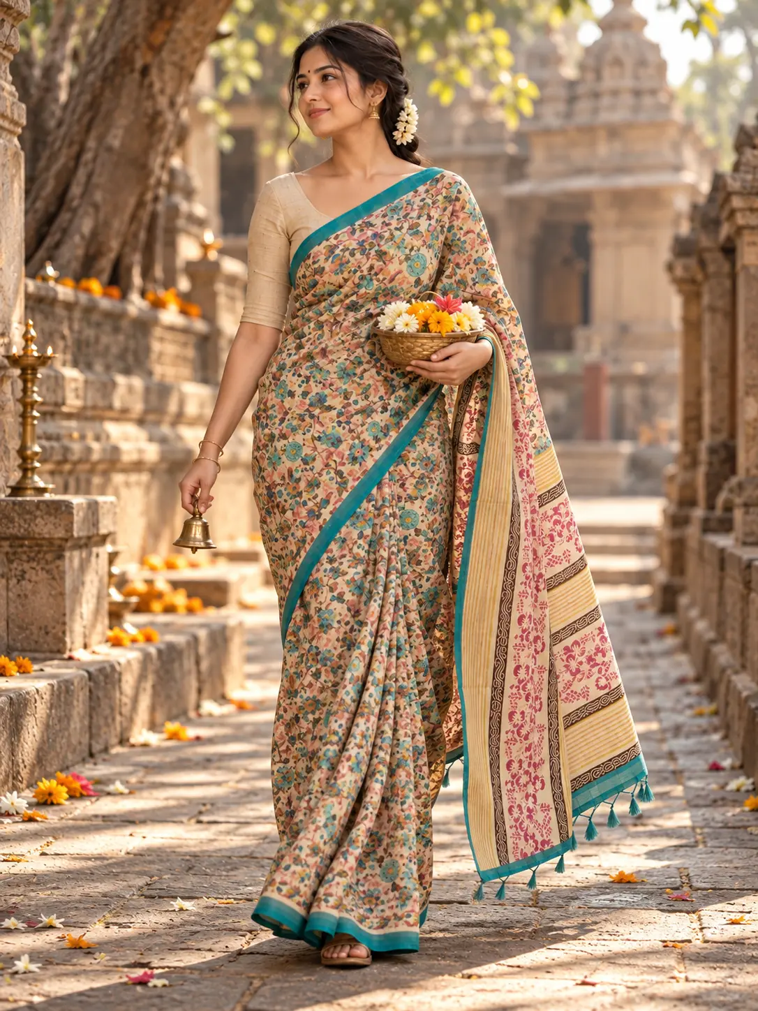 Ivory & Teal Floral Handloom Khadi Tussar Saree|Kancholika - Image 4
