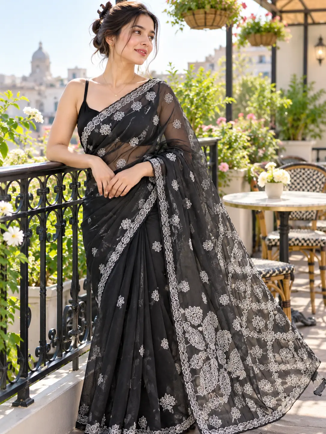 Kancholika black lightweight georgette saree featuring white floral Chikankari embroidery