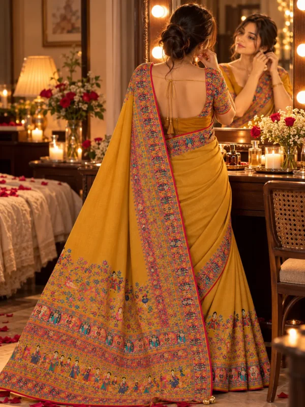 Mustard Yellow Pashmina Festive Print Saree | Kancholika