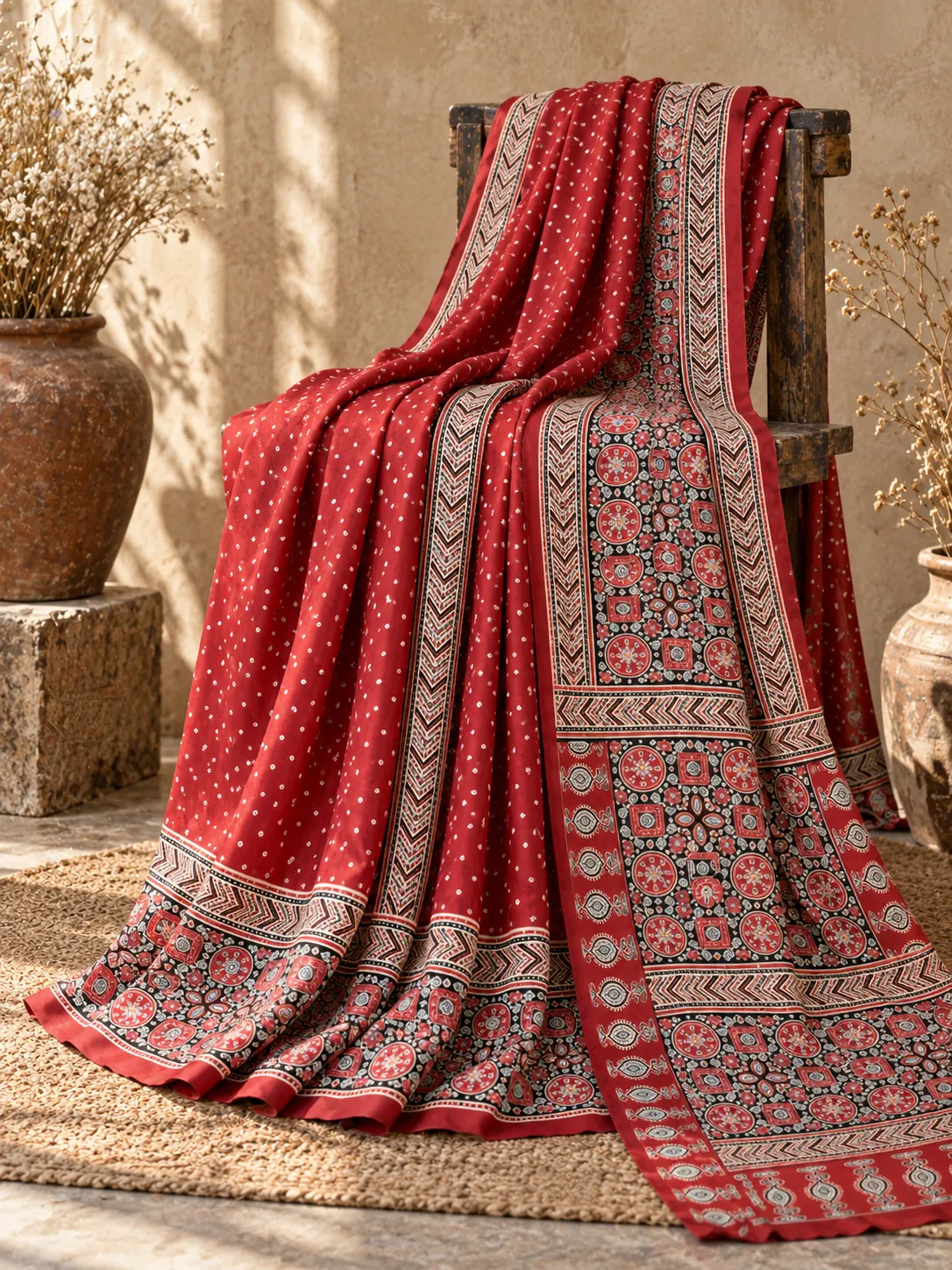 Deep Red Ajrakh Satin Silk Bandhani Saree | Kancholika - Image 4
