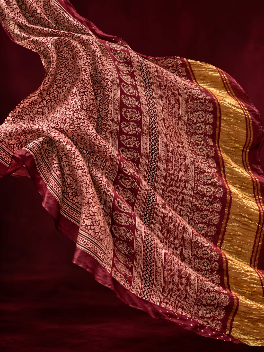 Deep Maroon Modal Silk Ajrakh Saree with Lagda PattI | Kancholika - Image 5