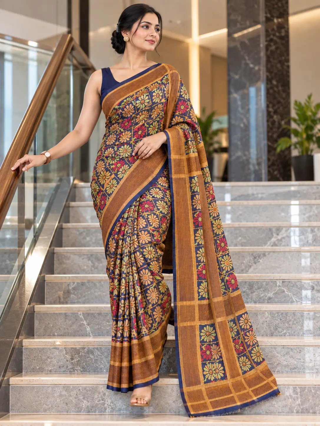 Kancholika royal blue Kalamkari Tussar silk saree featuring floral print motifs, precision zari striped border work, a wrinkle-free satin finish, and feature callouts highlighting its skin-friendly fabric.