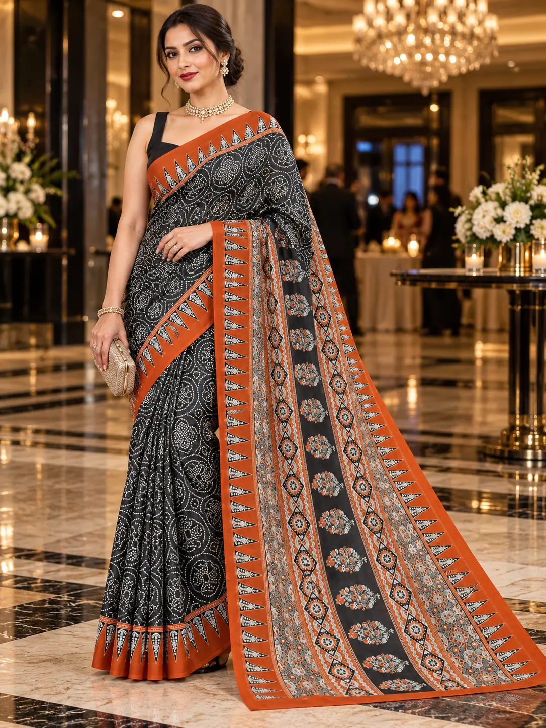 black and rust satin silk saree featuring authentic Ajrakh prints, an elegant border design.
