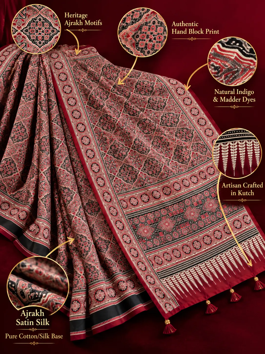 Maroon Ajrakh Satin Silk Saree with Hand Block Print & Tassels - Image 6