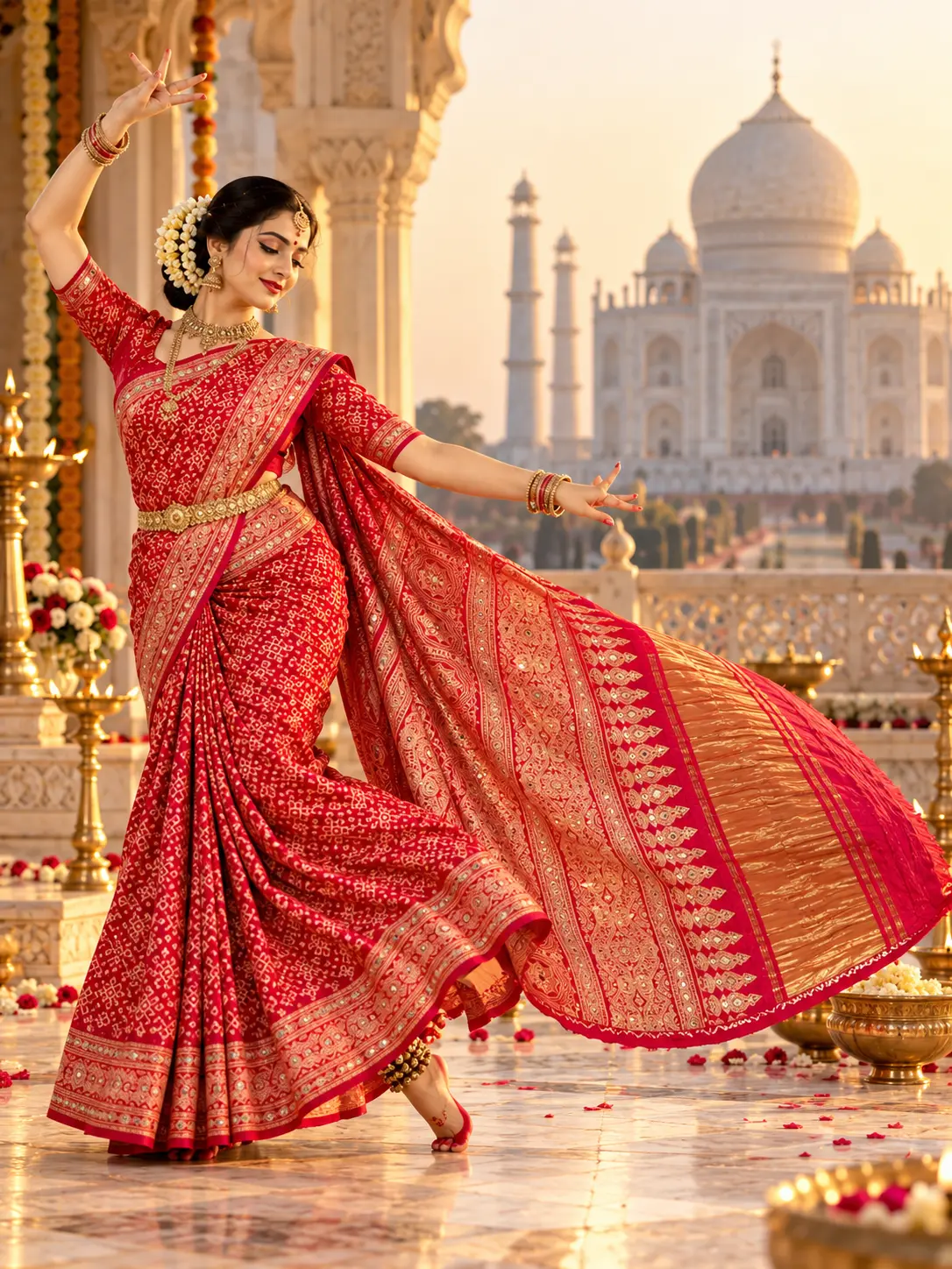 Crimson Red Ajrakh Modal Silk Saree with Mirror Work |Kancholika - Image 3