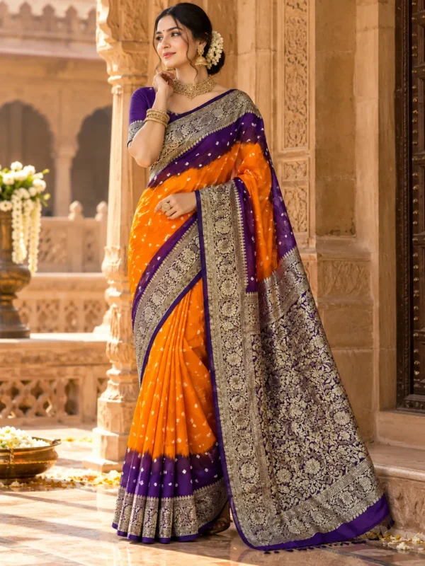 Orange & Royal Purple Bandhani Silk Saree| Kancholika