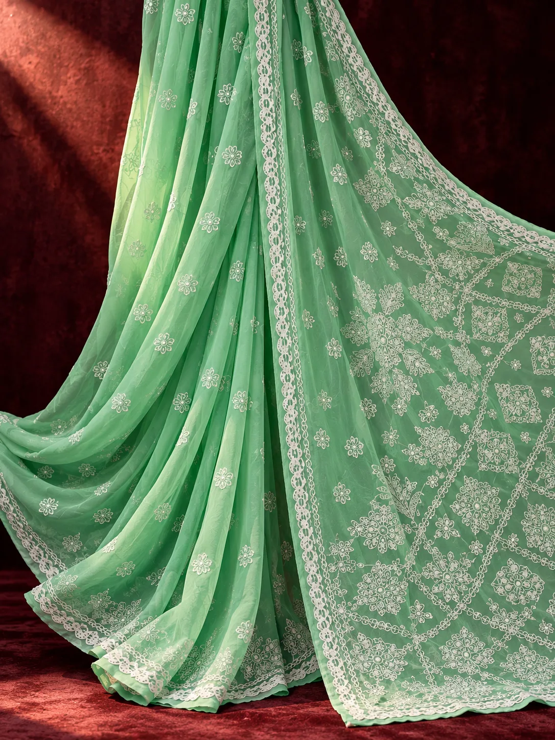 Mint Green Chikankari Embroidered Saree | Kancholika - Image 4