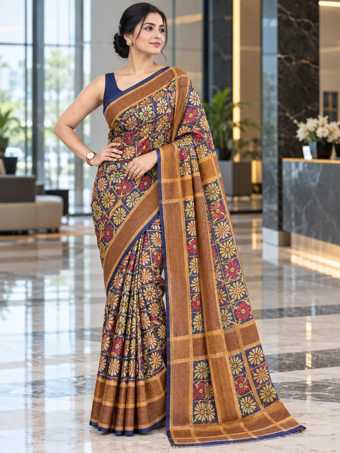 Royal Blue Kalamkari Tussar Silk Saree|Kancholika - Image 4