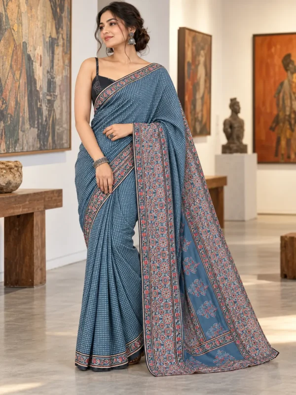 Steel Blue Ajrakh Satin Silk Saree | Kancholika