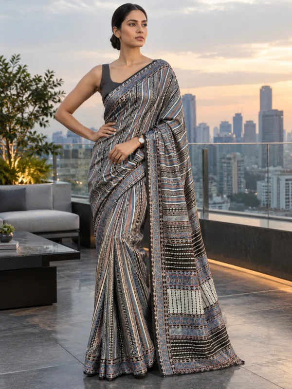 Slate Blue & Charcoal Striped Ajrakh Saree | Kancholika
