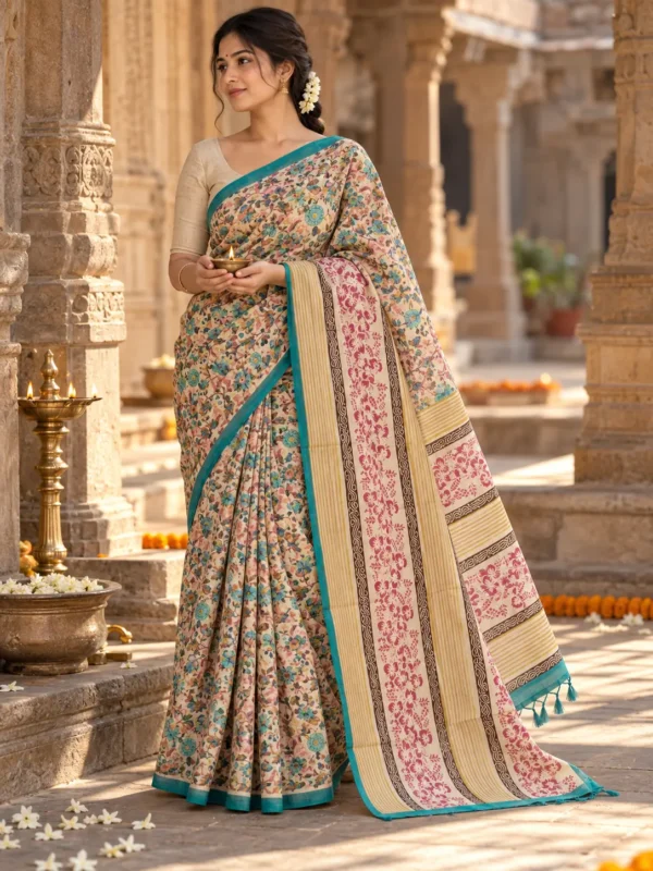 Ivory & Teal Floral Handloom Khadi Tussar Saree|Kancholika