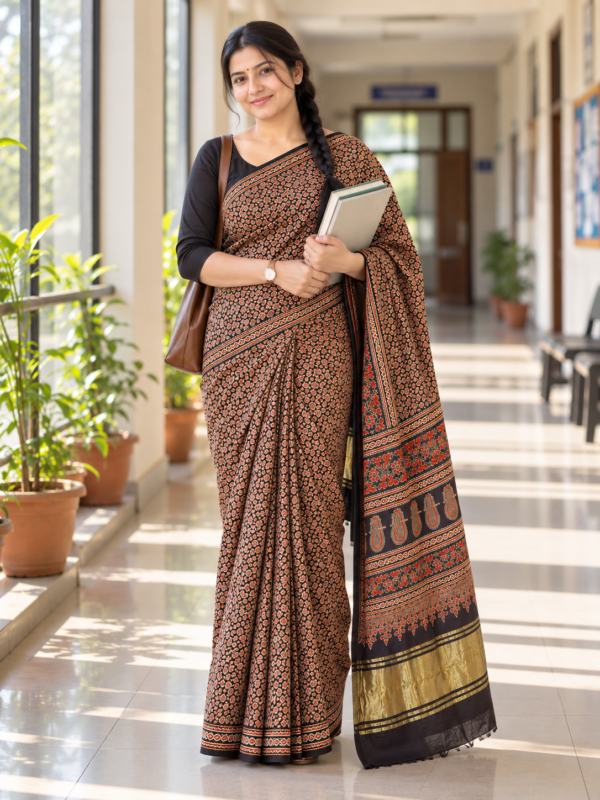 Black & Terracotta Block Print Cotton Saree| Kancholika
