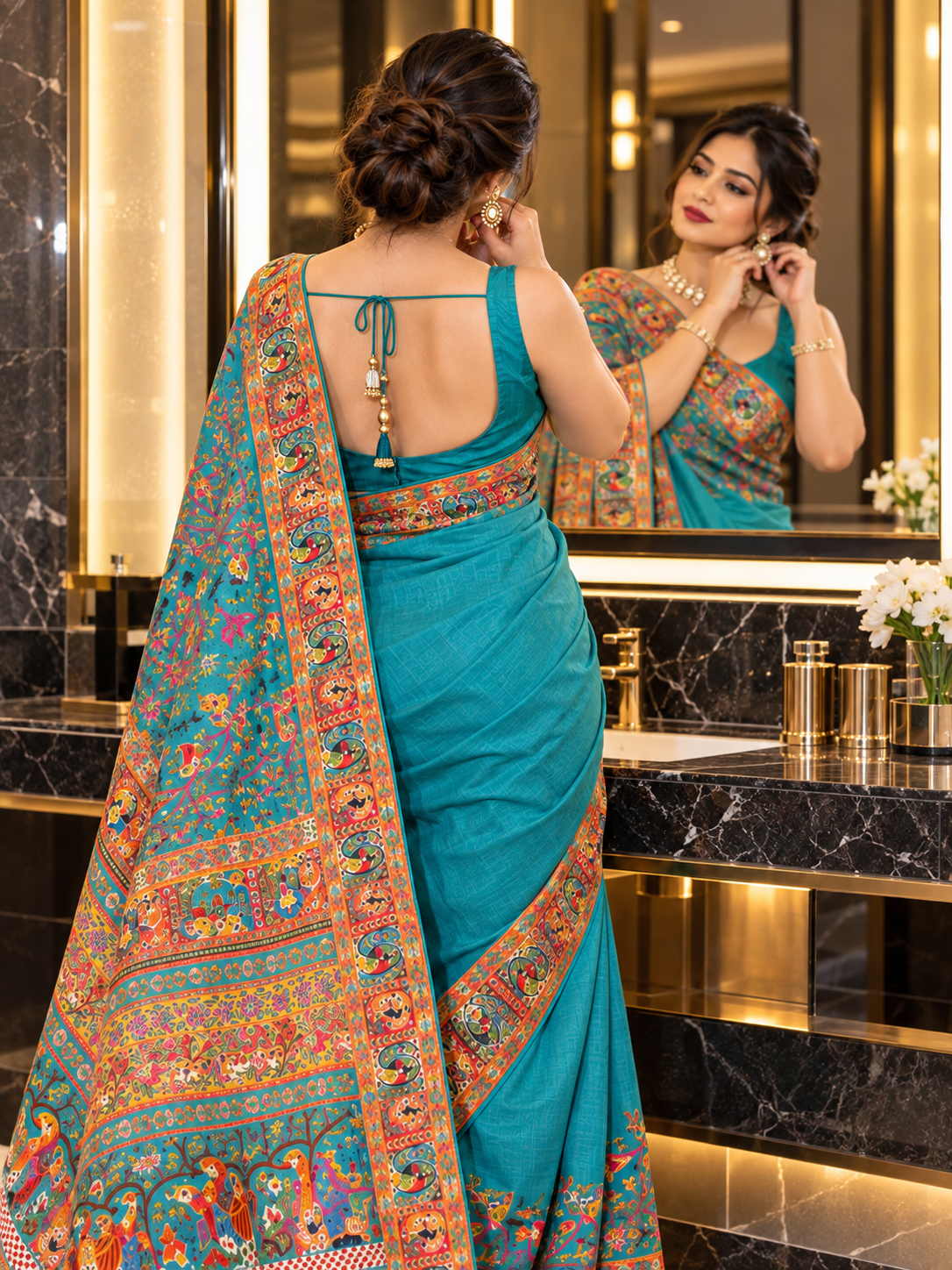 Turquoise Blue Narrative Print Silk Blend Saree | Kancholika - Image 3