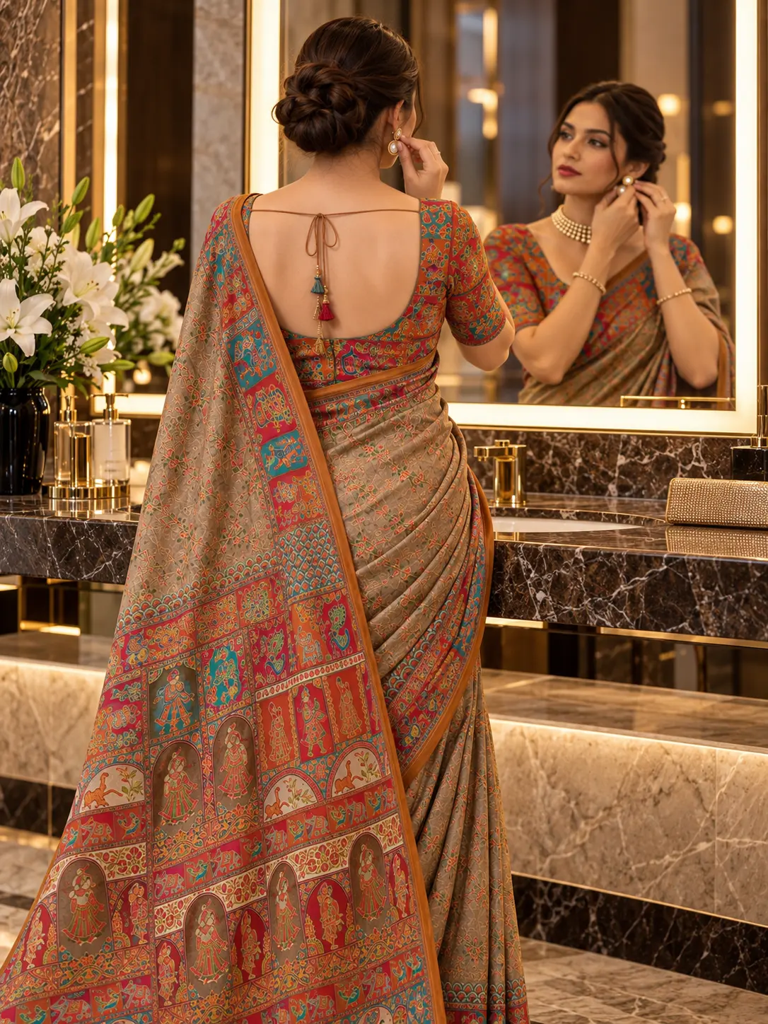 Earthy Beige Narrative Print Silk Blend Saree|Kancholika - Image 5