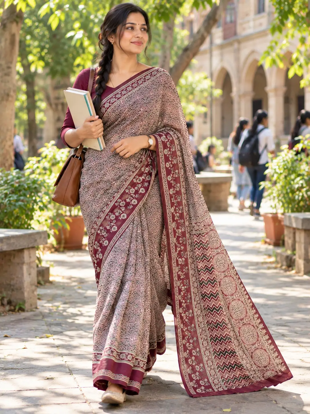 Maroon Ajrakh Satin Silk Saree Hand Block Print| Kancholika - Image 6