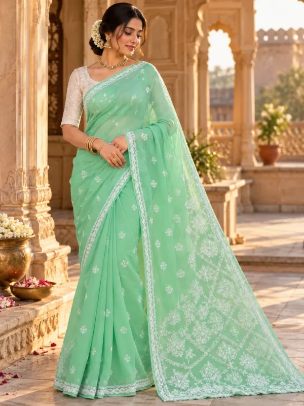 Mint Green Chikankari Embroidered Saree | Kancholika