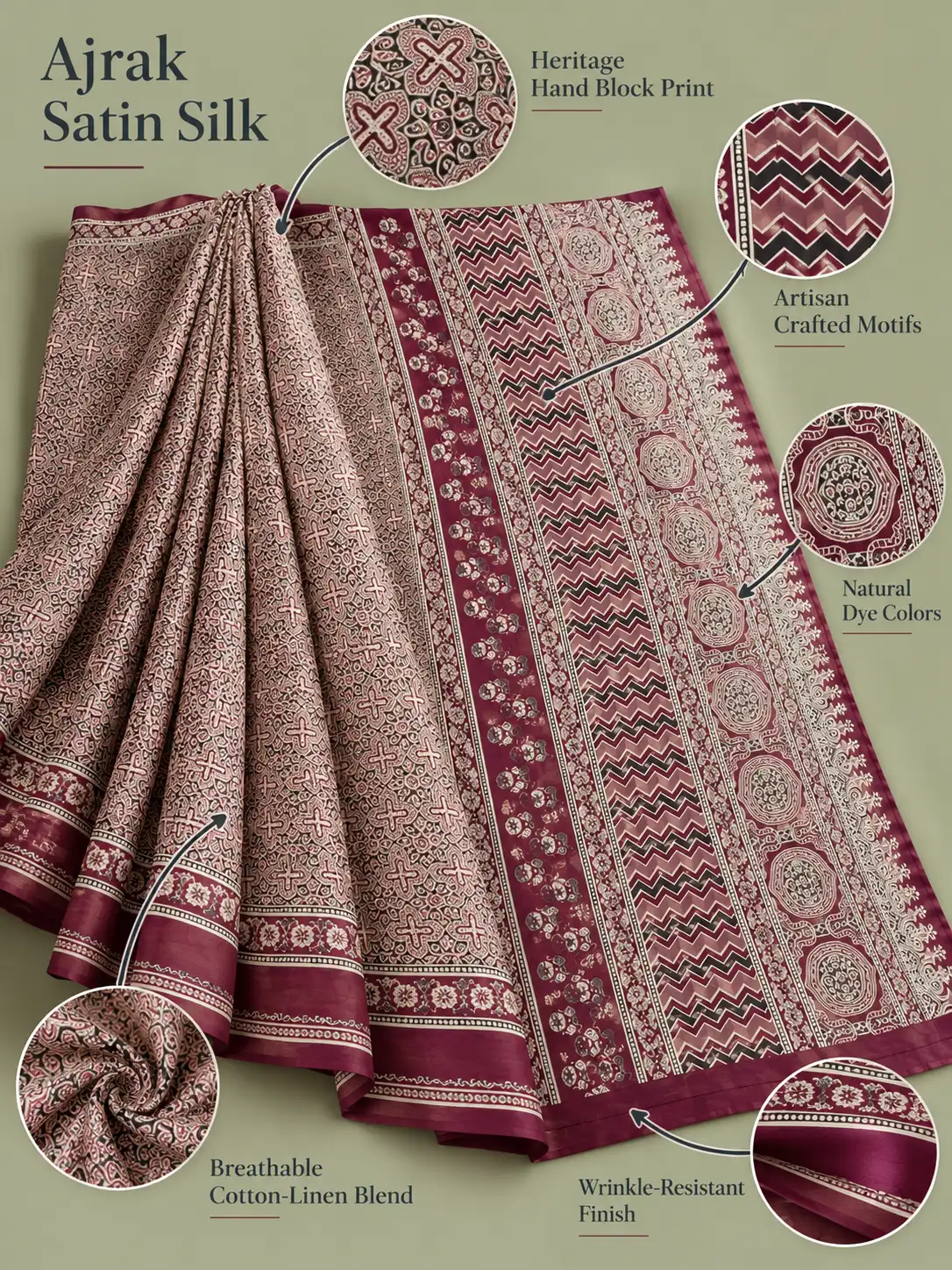 Maroon Ajrakh Satin Silk Saree Hand Block Print| Kancholika - Image 5