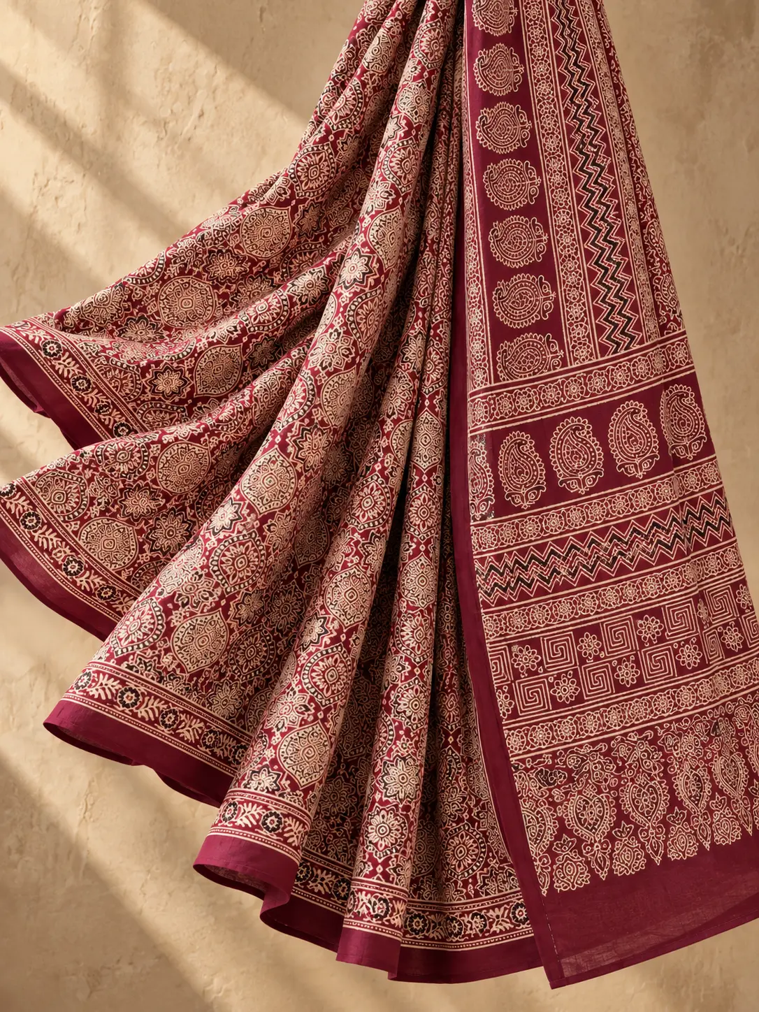 Maroon Ajrakh Modal Silk Saree Hand Block Print | Kancholika - Image 4