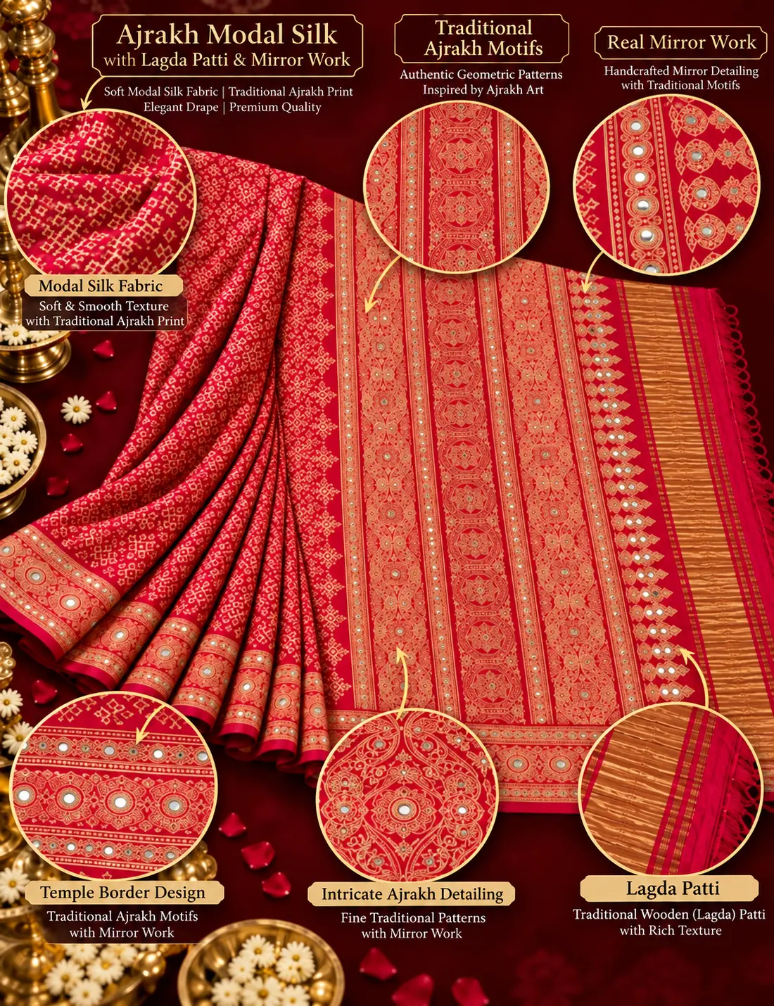 Crimson Red Ajrakh Modal Silk Saree with Mirror Work |Kancholika - Image 5
