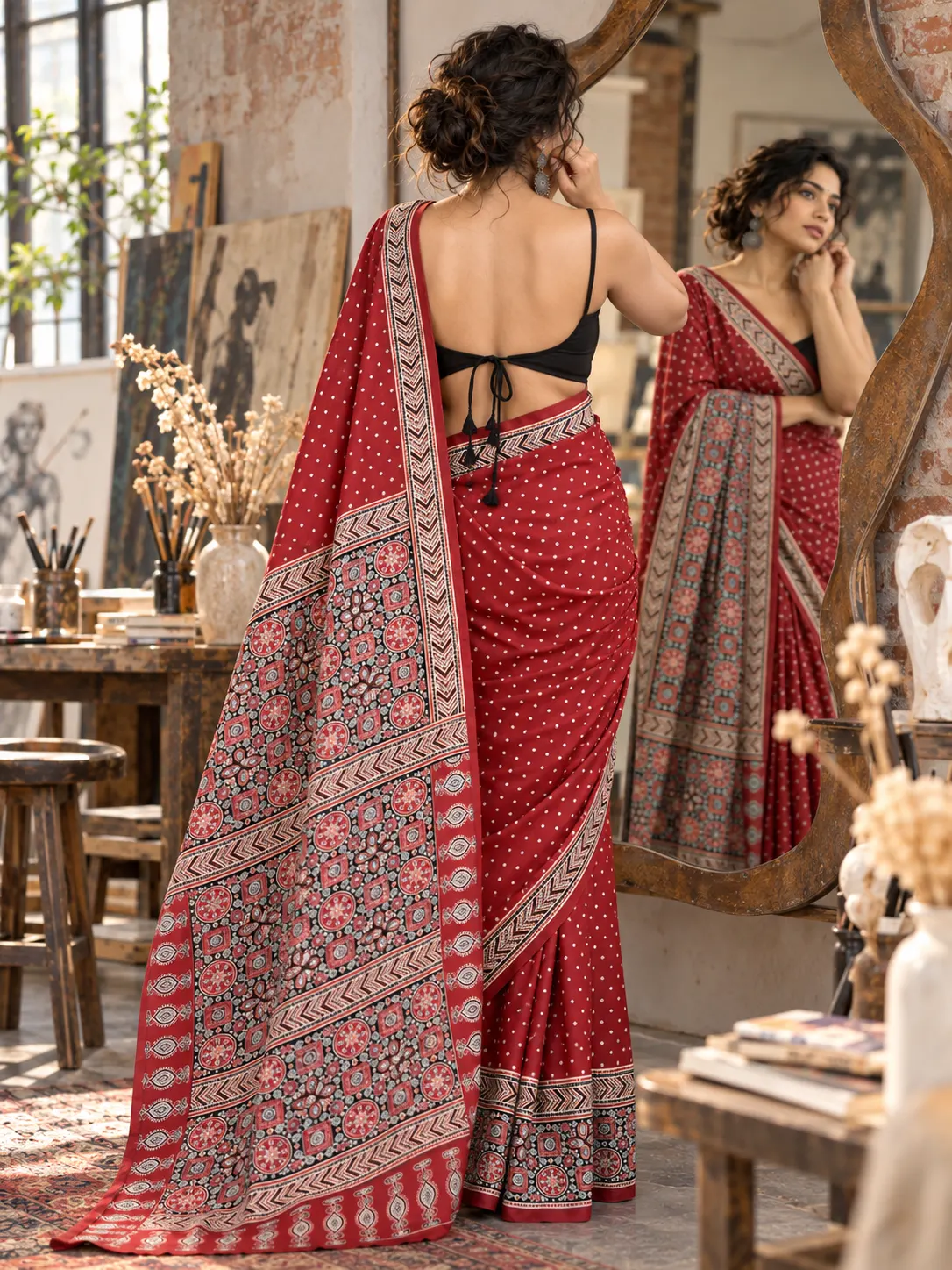 Deep Red Ajrakh Satin Silk Bandhani Saree | Kancholika - Image 3