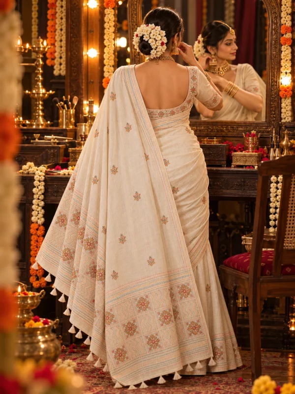 Ivory  Floral Kantha Work Modal Silk Saree | Kancholika