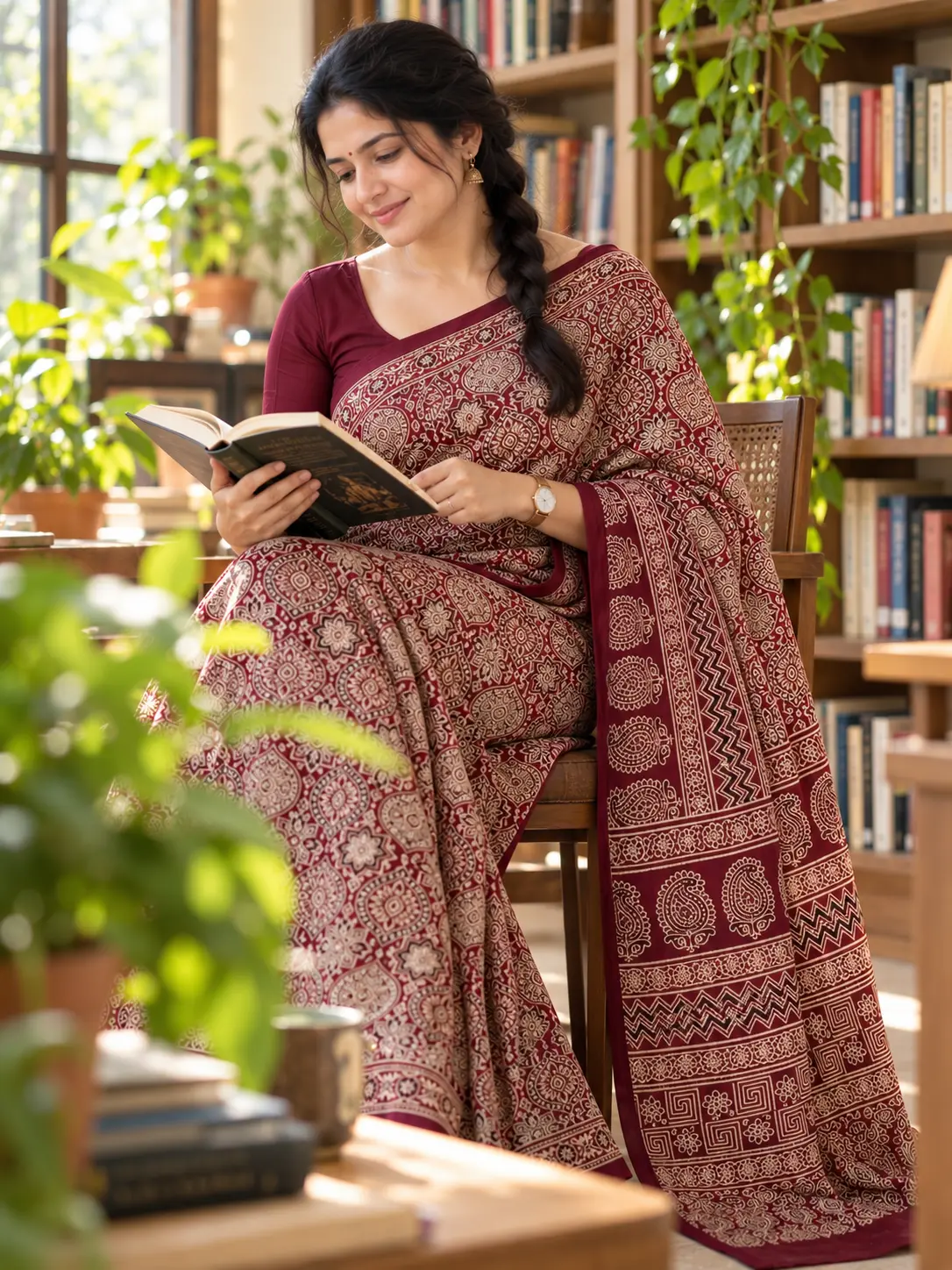 Maroon Ajrakh Modal Silk Saree Hand Block Print | Kancholika - Image 2