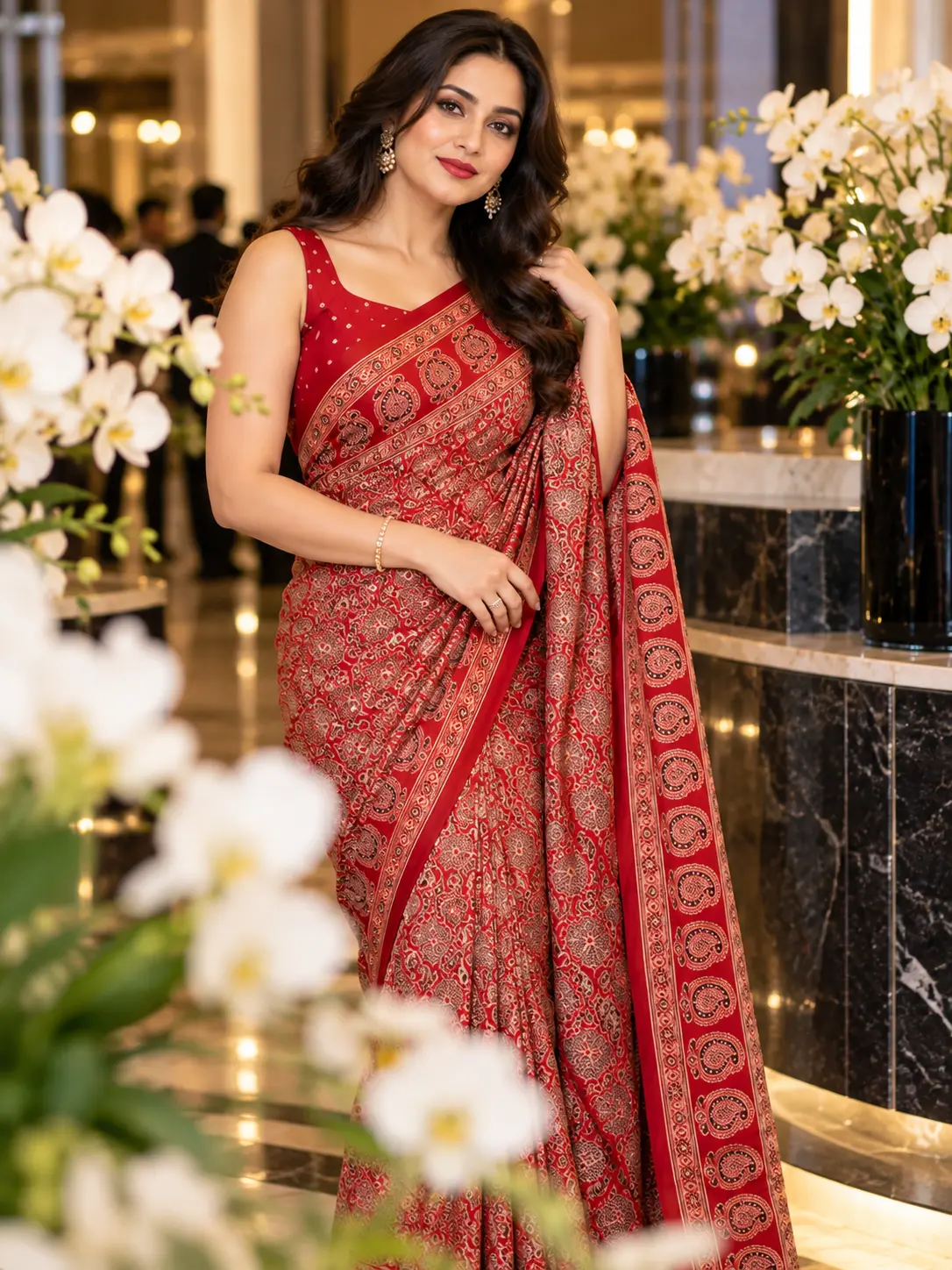 Crimson Red Modal Silk Paisley Print Saree | Kancholika - Image 3