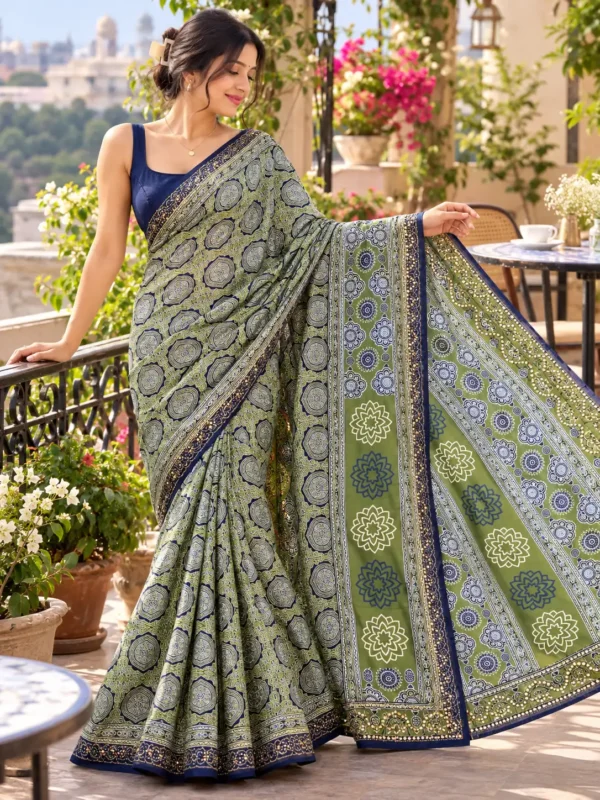 Sage Olive Green & Navy Blue Ajrakh Printed | Kancholika