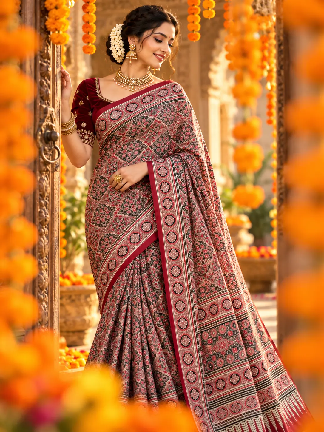 Maroon Ajrakh Satin Silk Saree with Hand Block Print & Tassels - Image 2