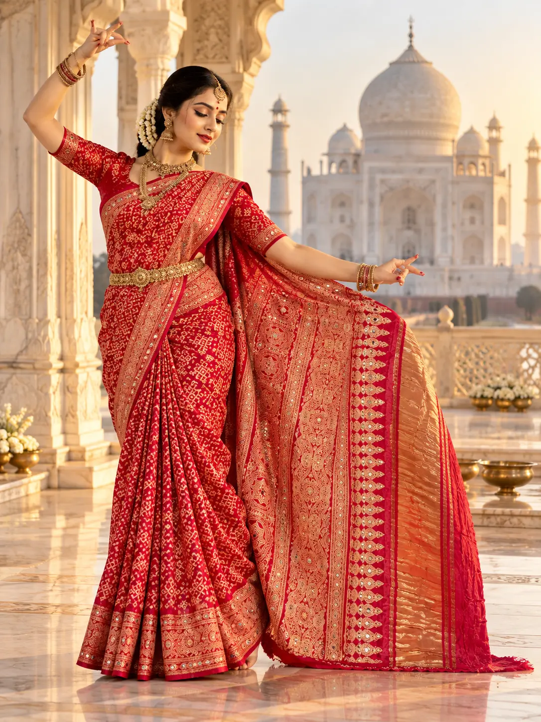 Crimson Red Ajrakh Modal Silk Saree with Mirror Work |Kancholika - Image 4