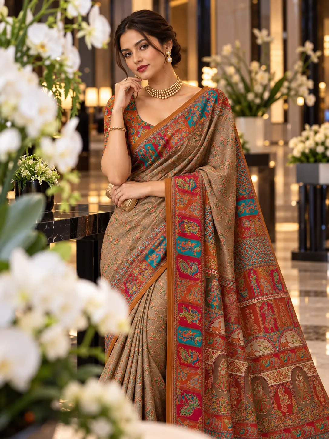 Earthy Beige Narrative Print Silk Blend Saree|Kancholika - Image 6