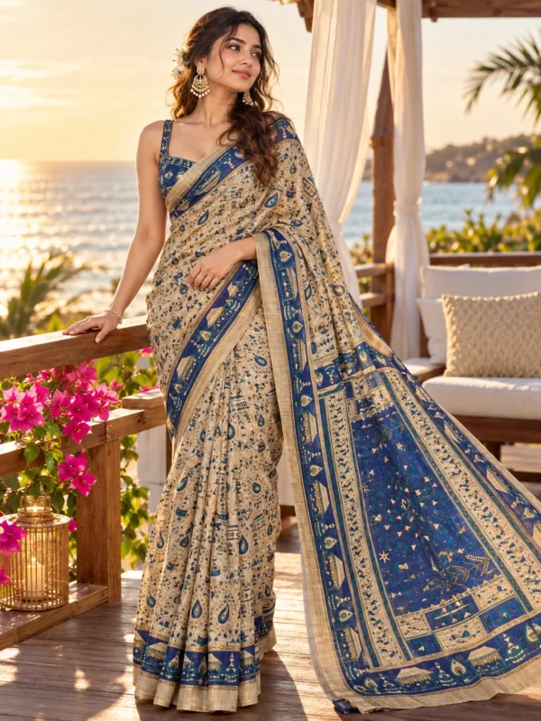 Royal Blue Printed Saree with Golden Border | Kancholika
