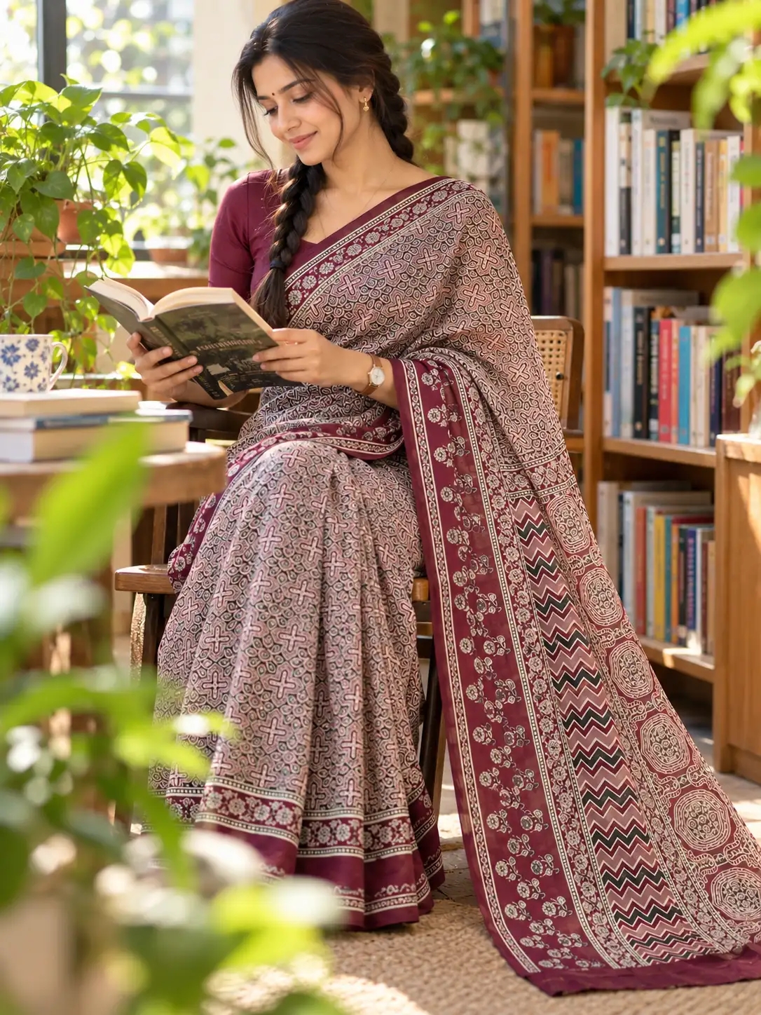 Maroon Ajrakh Satin Silk Saree Hand Block Print| Kancholika - Image 3