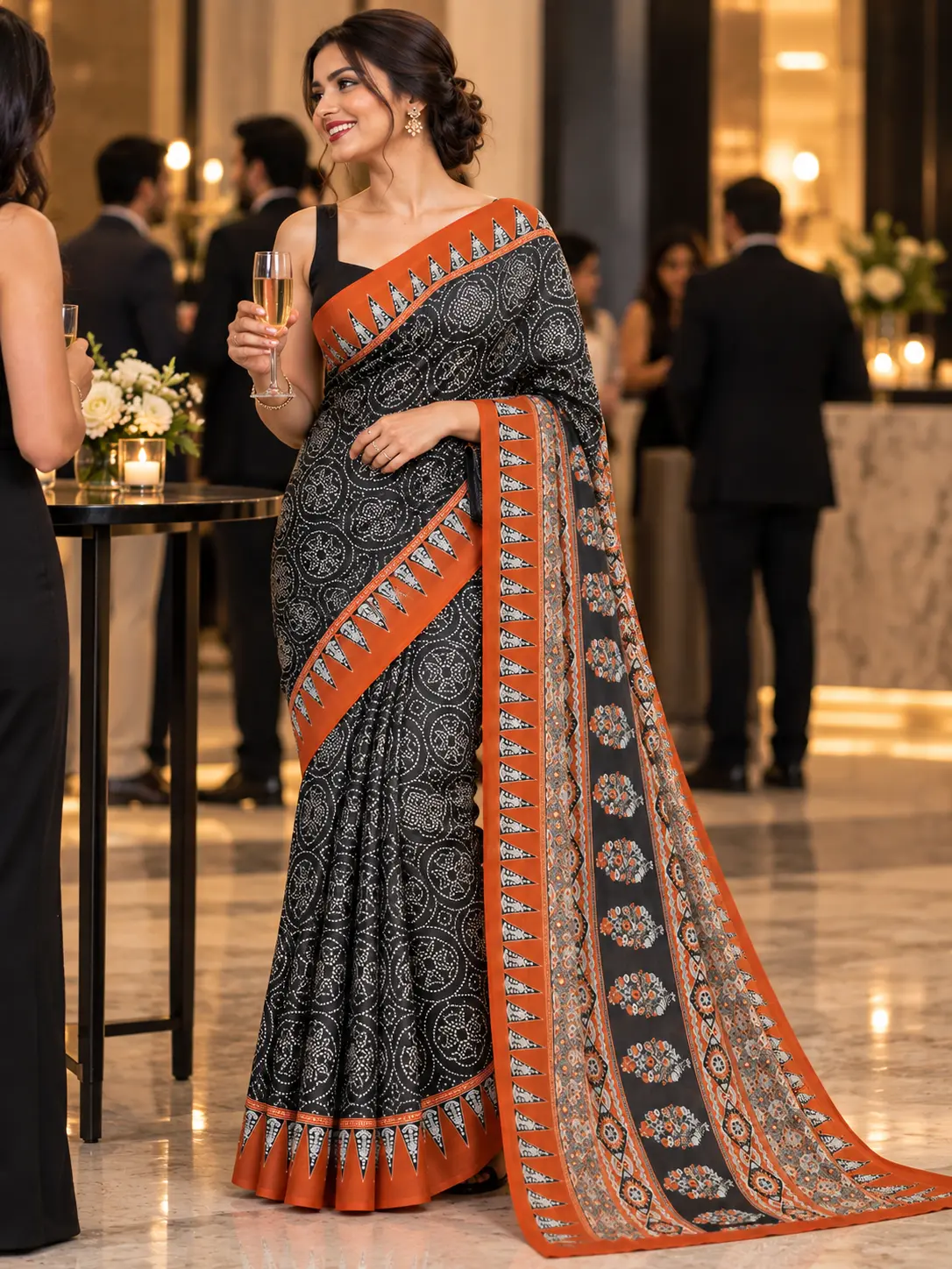 Black & Rust Ajrakh Satin Silk Saree| Kancholika - Image 4