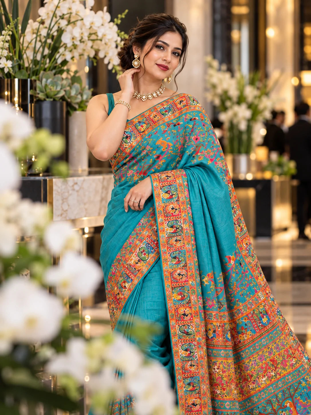 Turquoise Blue Narrative Print Silk Blend Saree | Kancholika - Image 4