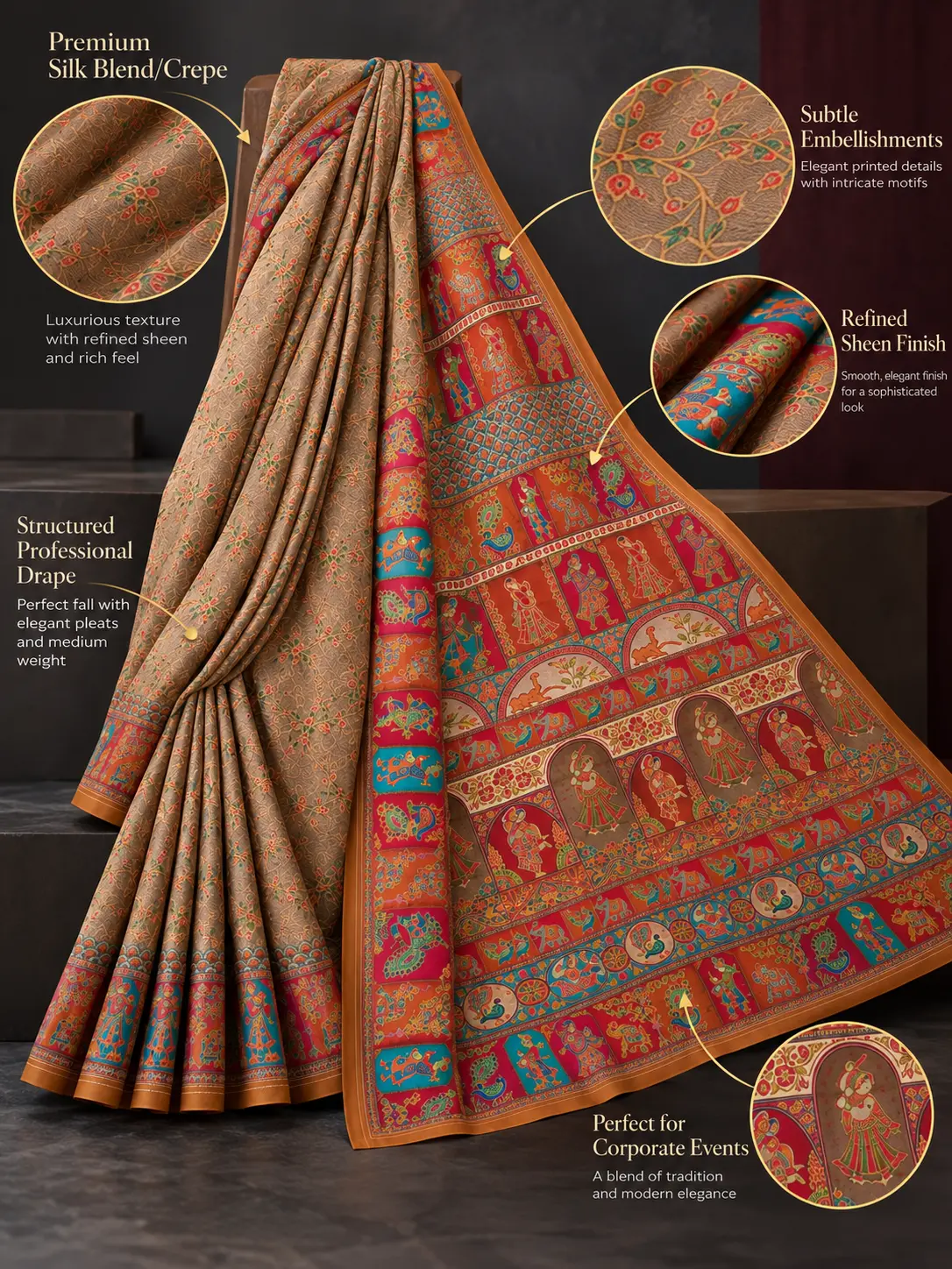 Earthy Beige Narrative Print Silk Blend Saree|Kancholika - Image 3