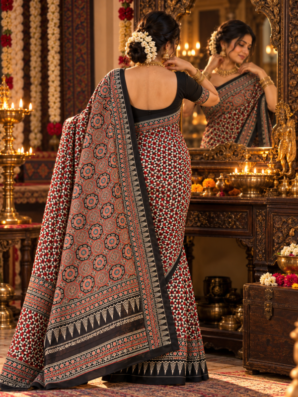 Black & Red Ajrakh Silk-Cotton Saree Kutch Print| Kancholika