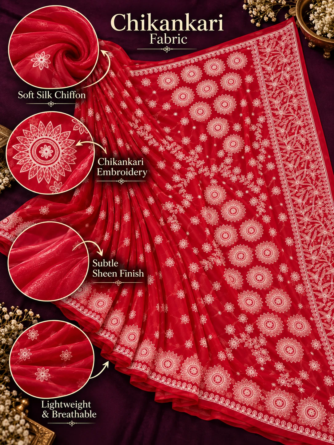 Crimson Red Chikankari Embroidered Silk Saree | Kancholika - Image 6