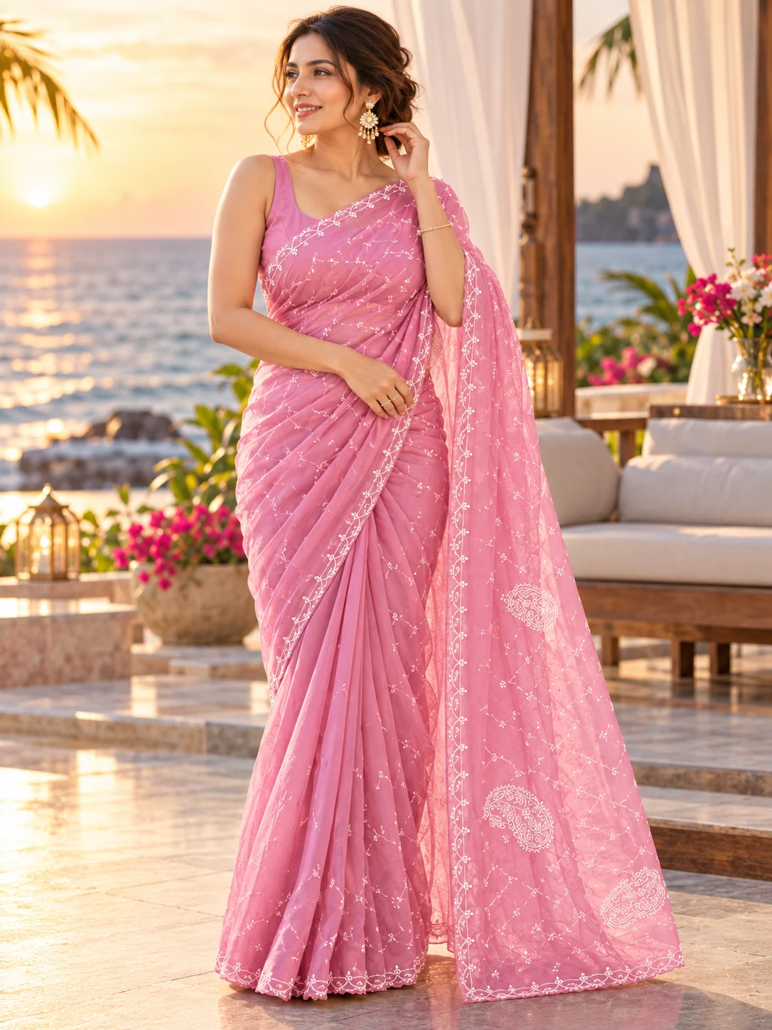 blush pink semi-sheer saree embellished with intricate white Chikankari thread work and paisley motifs, displayed with circular callout highlights for destination and beach wedding styling
