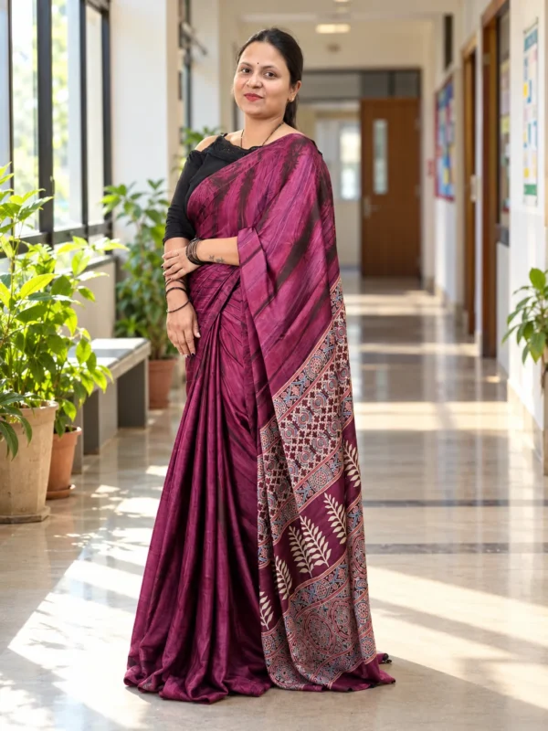 Deep Magenta Ajrakh Satin Silk Saree | Kancholika