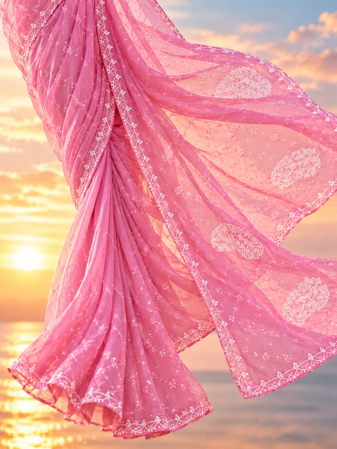 Blush Pink Chikankari Semi-Sheer Saree| Kancholika - Image 4