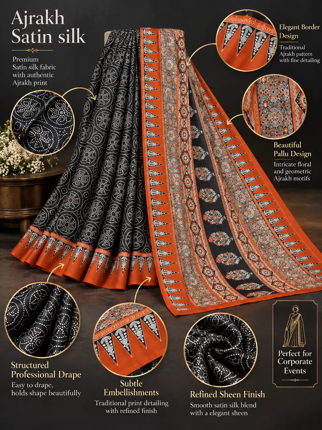 Black & Rust Ajrakh Satin Silk Saree| Kancholika - Image 5