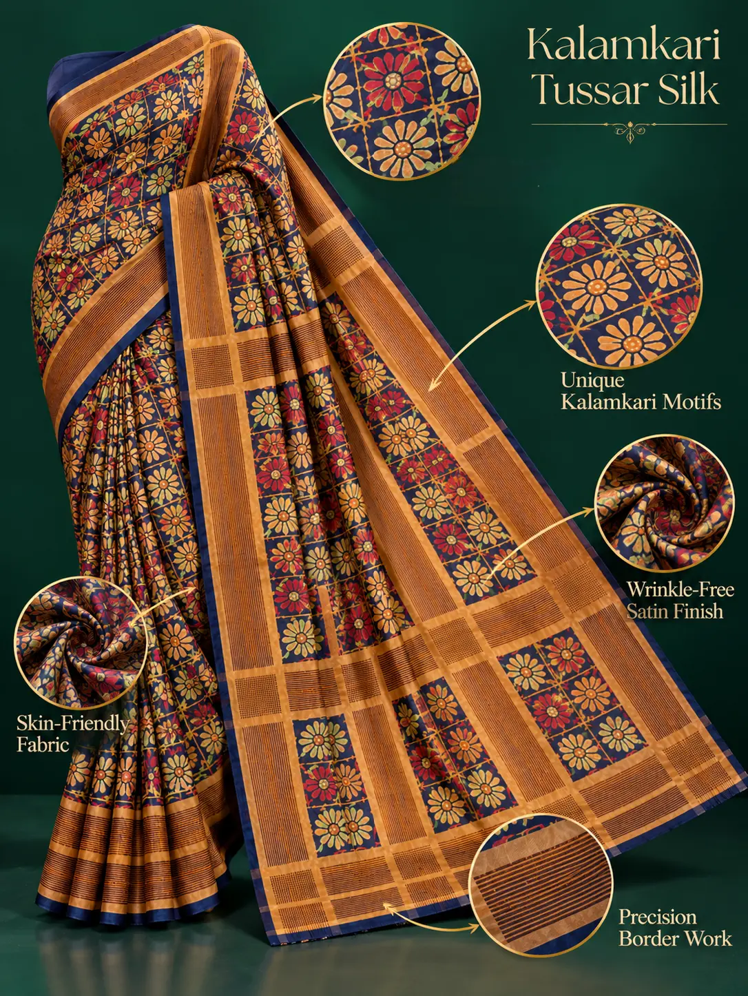 Royal Blue Kalamkari Tussar Silk Saree|Kancholika - Image 6